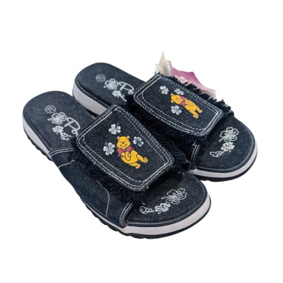 Vintage Shoes - VINTAGE NWT "Winnie the Pooh" Denim Slide Sandals 7.5 Women's Fringed Slip-On